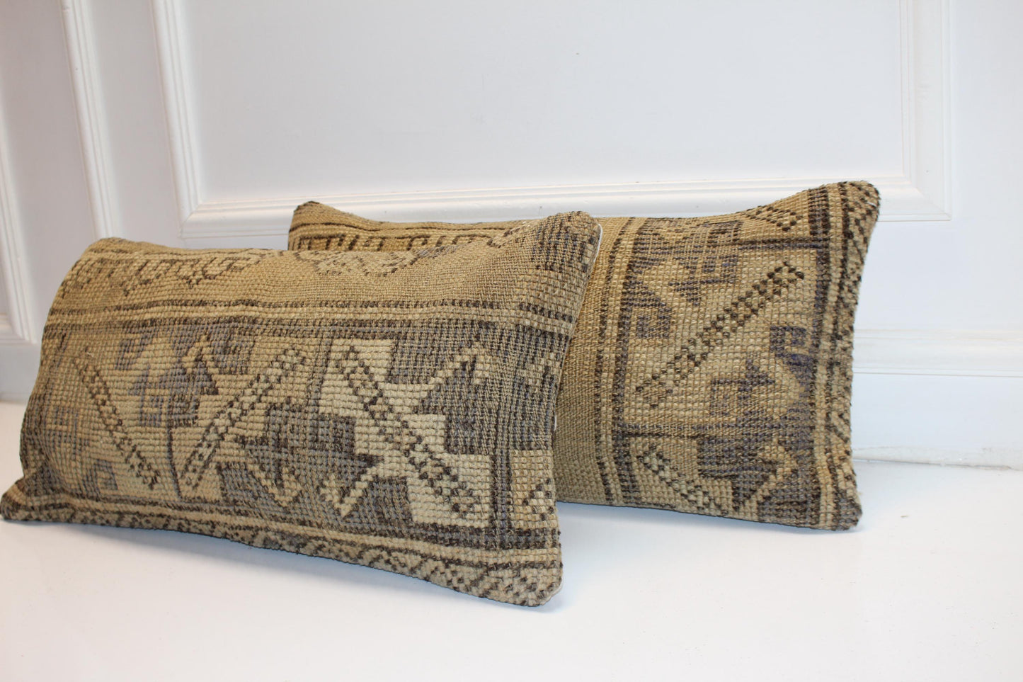 Set of 2 Muted Geometric Anatolian Rug Cushions in Earthy Neutrals for Bench(12x24 in)