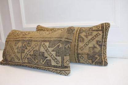 Set of 2 Muted Geometric Anatolian Rug Cushions in Earthy Neutrals for Bench(12x24 in)