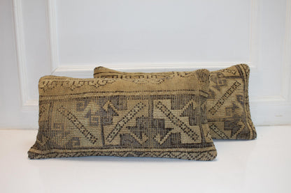 Set of 2 Muted Geometric Anatolian Rug Cushions in Earthy Neutrals for Bench(12x24 in)