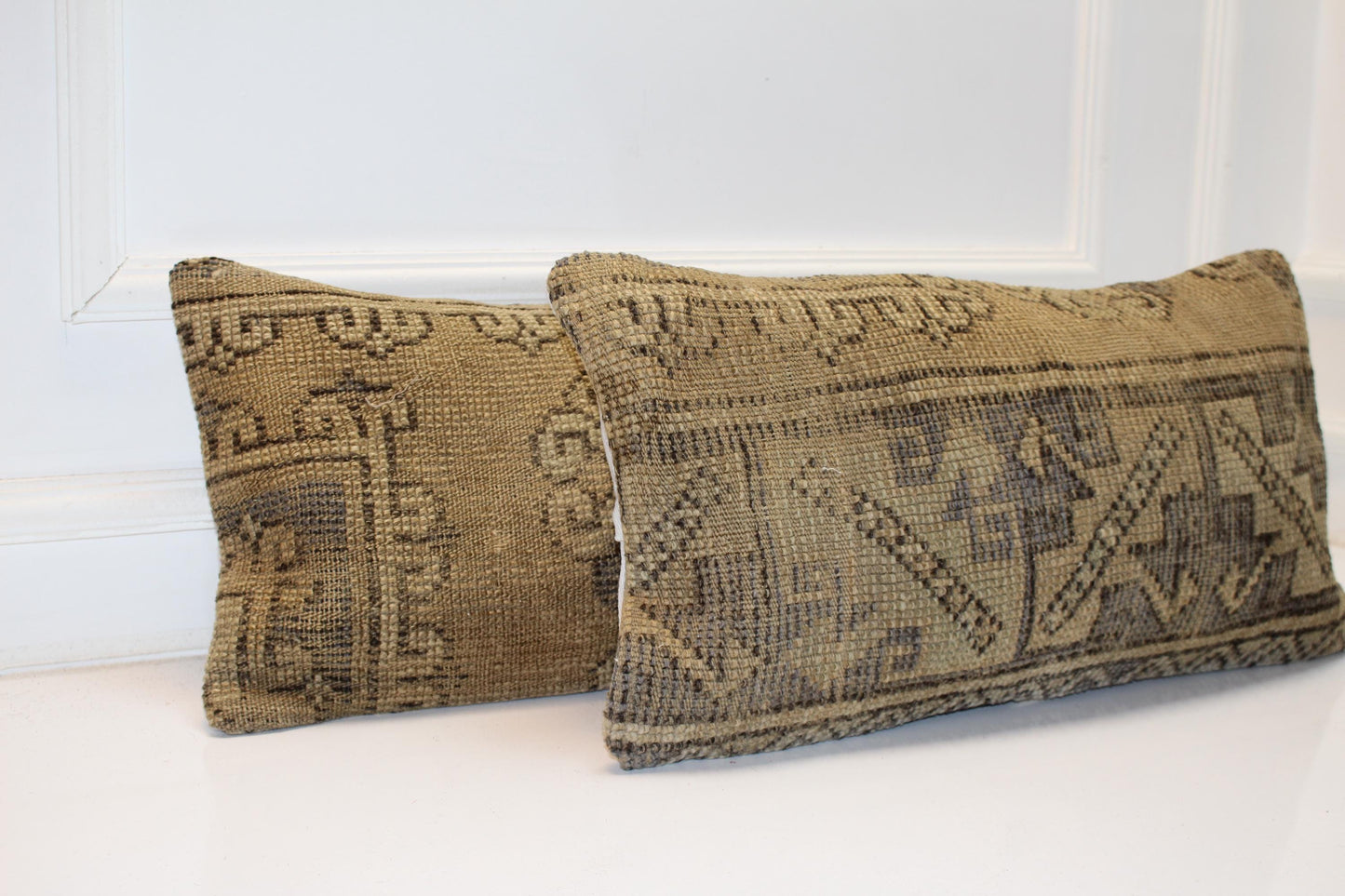 Set of 2 Muted Geometric Anatolian Rug Cushions in Earthy Neutrals for Bench(12x24 in)