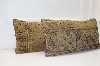 Set of 2 Muted Geometric Anatolian Rug Cushions in Earthy Neutrals for Bench(12x24 in)