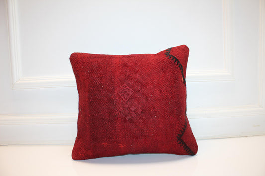 Red Boho Cushion, Minimal Rustic Anatolian Kilim Pillow, Handwoven Look Home Decor (16x16 in)