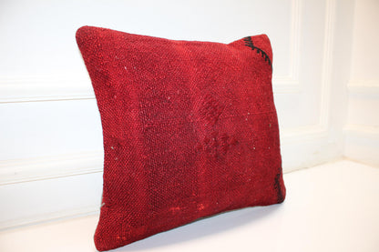 Red Boho Cushion, Minimal Rustic Anatolian Kilim Pillow, Handwoven Look Home Decor (16x16 in)