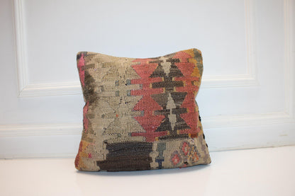 Geometric Boho Cushion, Anatolian Tribal Kilim Pillow, Earth Tone Rustic Home Decor(16x16 in)