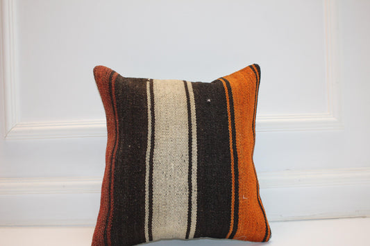 Striped Boho Cushion, Rustic Anatolian Kilim Pillow, Earth Tone Home Decor(16x16 in)