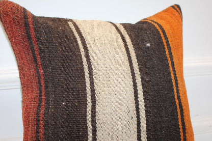 Striped Boho Cushion, Rustic Anatolian Kilim Pillow, Earth Tone Home Decor(16x16 in)