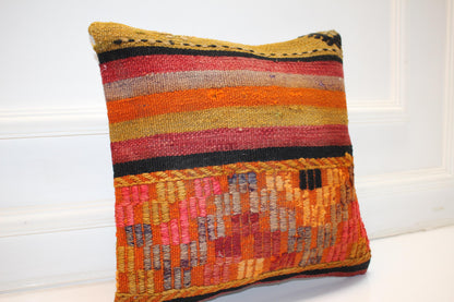 Colorful Striped Boho Cushion, Handwoven Tribal Accent Pillow, Warm Tone Home Decor(16x16 in)