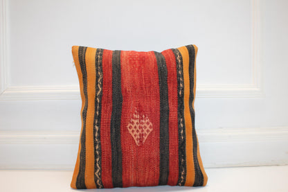 Bold Striped Tribal Cushion, Red Black Handwoven Accent Pillow, Warm Boho Decor(16x16 in)
