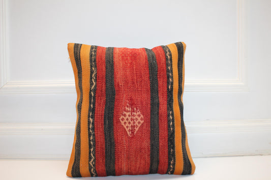 Bold Striped Tribal Cushion, Red Black Handwoven Accent Pillow, Warm Boho Decor(16x16 in)