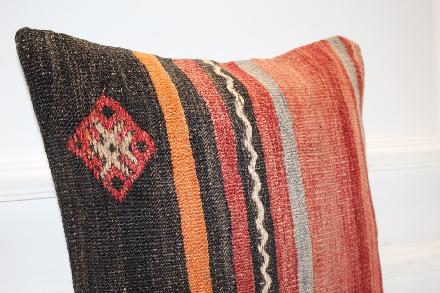Tribal Stripe Boho Cushion, Handwoven Anatolian Accent Pillow, Warm Rustic Home Decor(16x16 in)