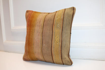 Handwoven Kilim Pillow Cover, Neutral Stripe, Boho Decor (16x16 in)