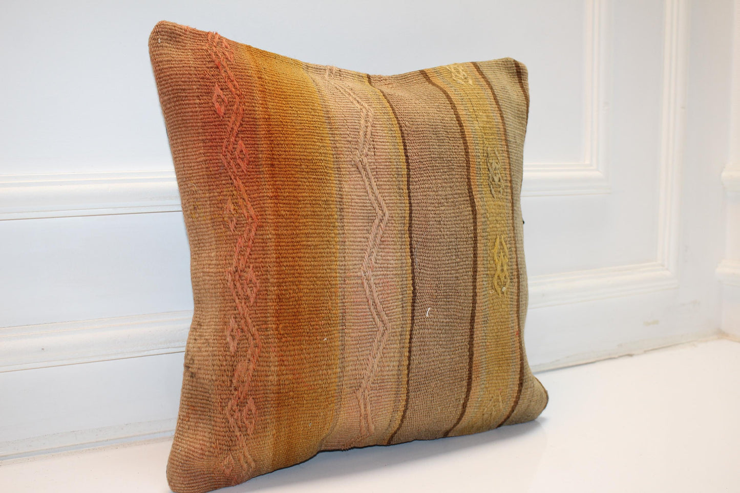 Handwoven Kilim Pillow Cover, Neutral Stripe, Boho Decor (16x16 in)