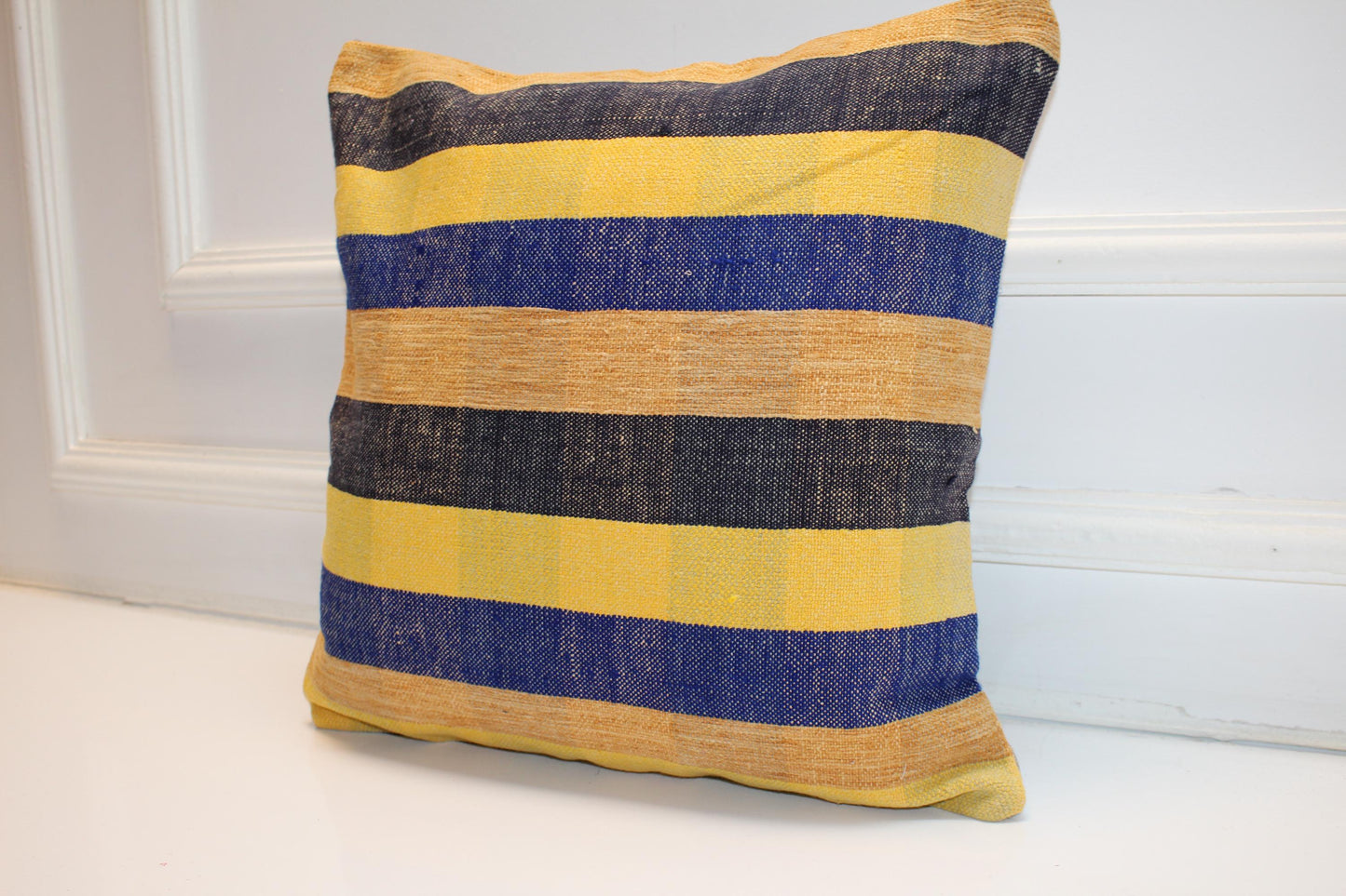 Wide Stripe Boho Cushion, Handwoven Coastal Accent Pillow, Modern Rustic Home Decor(16x16 in)