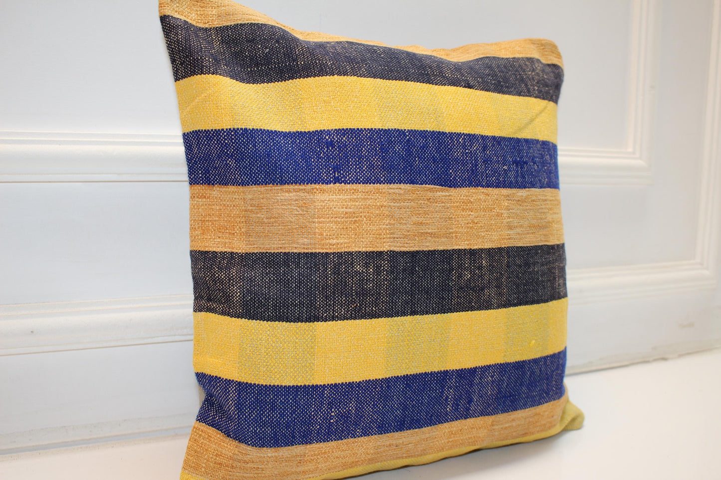 Wide Stripe Boho Cushion, Handwoven Coastal Accent Pillow, Modern Rustic Home Decor(16x16 in)