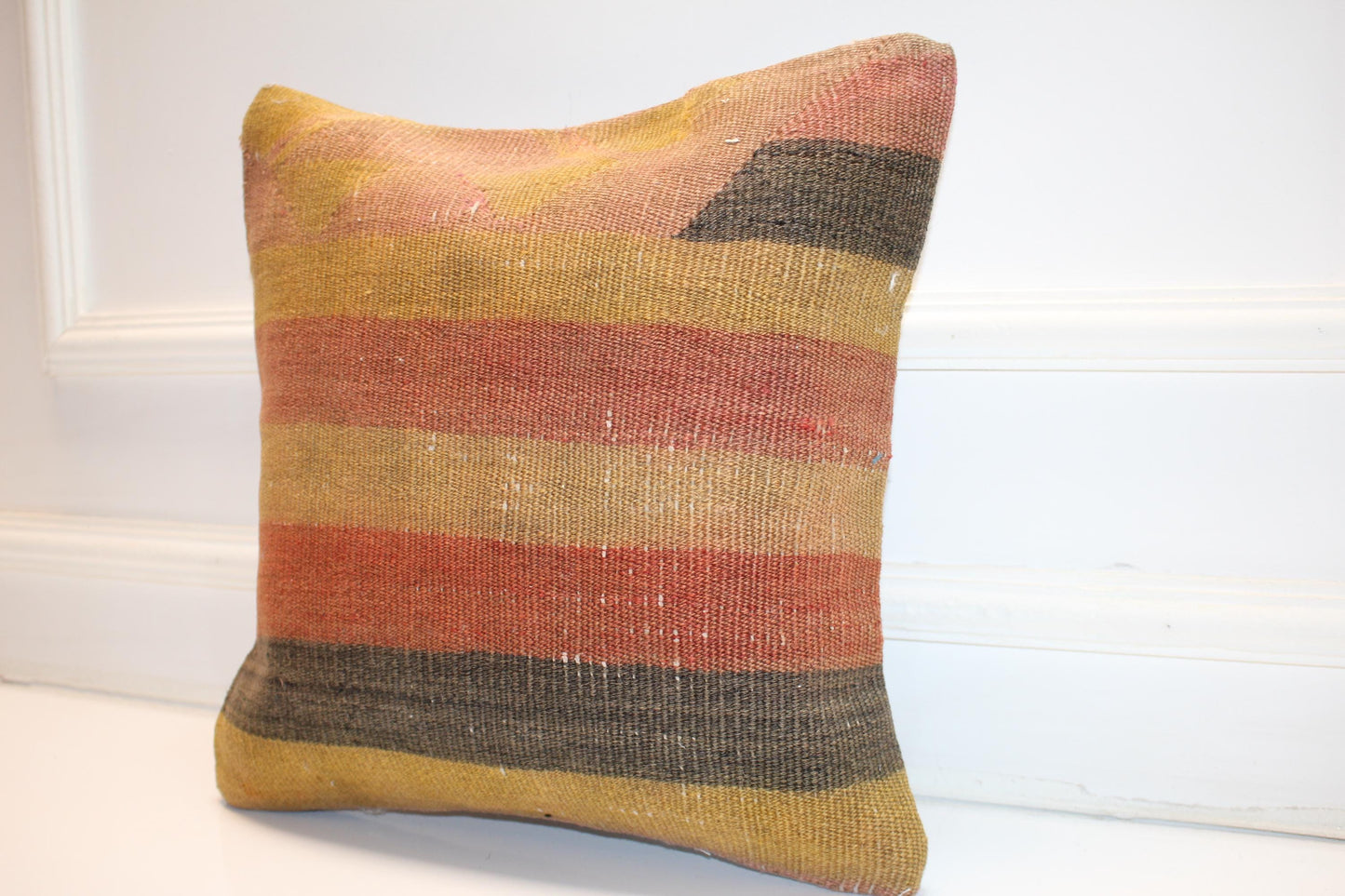 Muted Stripe Boho Cushion, Handwoven Earthy Accent Pillow, Warm Rustic Home Decor(16x16 in)
