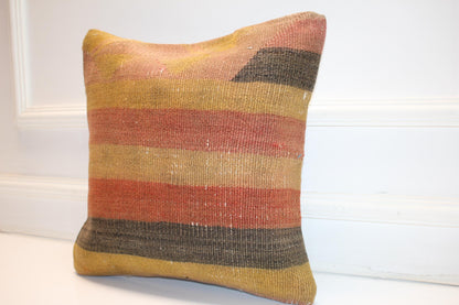 Muted Stripe Boho Cushion, Handwoven Earthy Accent Pillow, Warm Rustic Home Decor(16x16 in)
