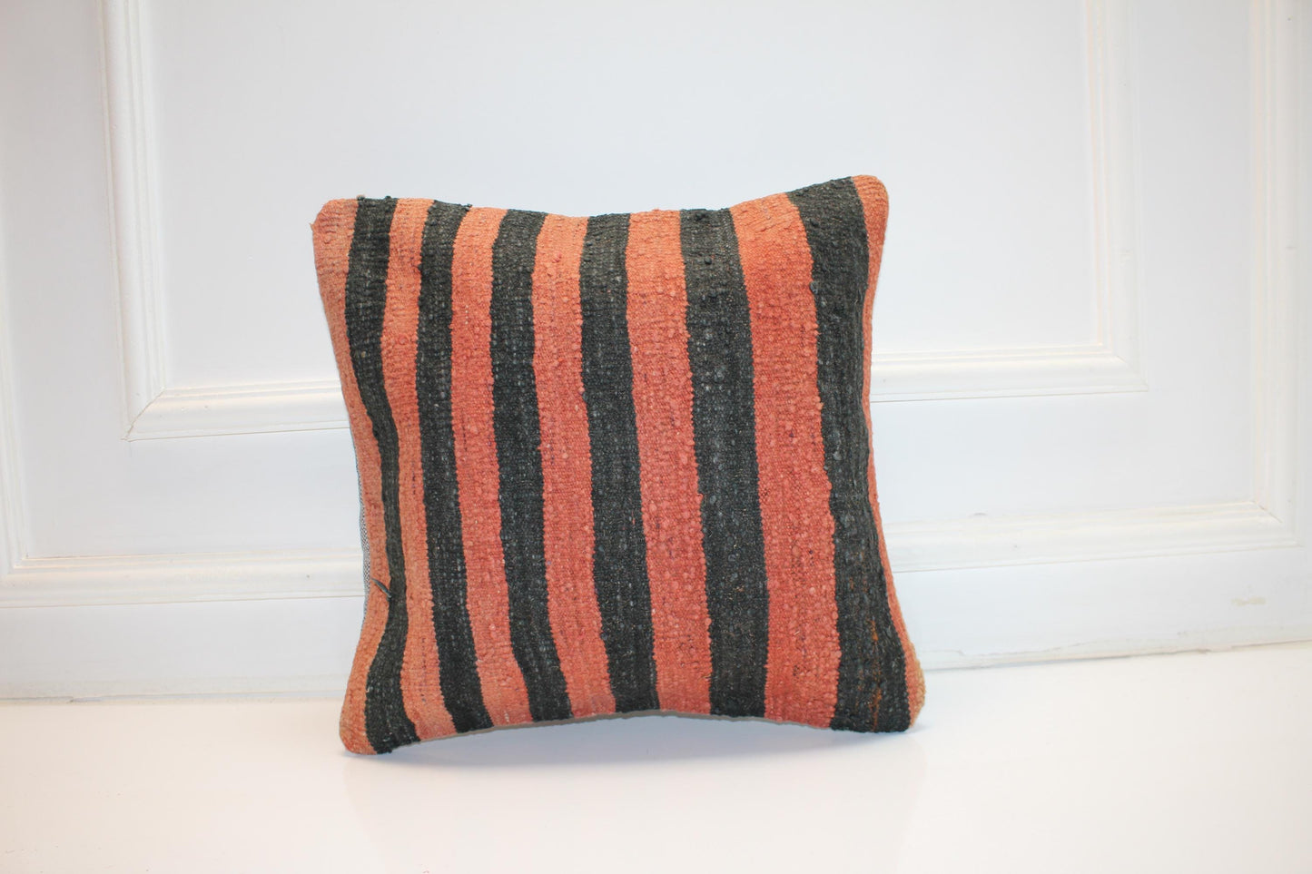 Vertical Stripe Boho Cushion, Bold Contrast Handwoven Accent Pillow, Rustic Modern Decor(16x16 in)
