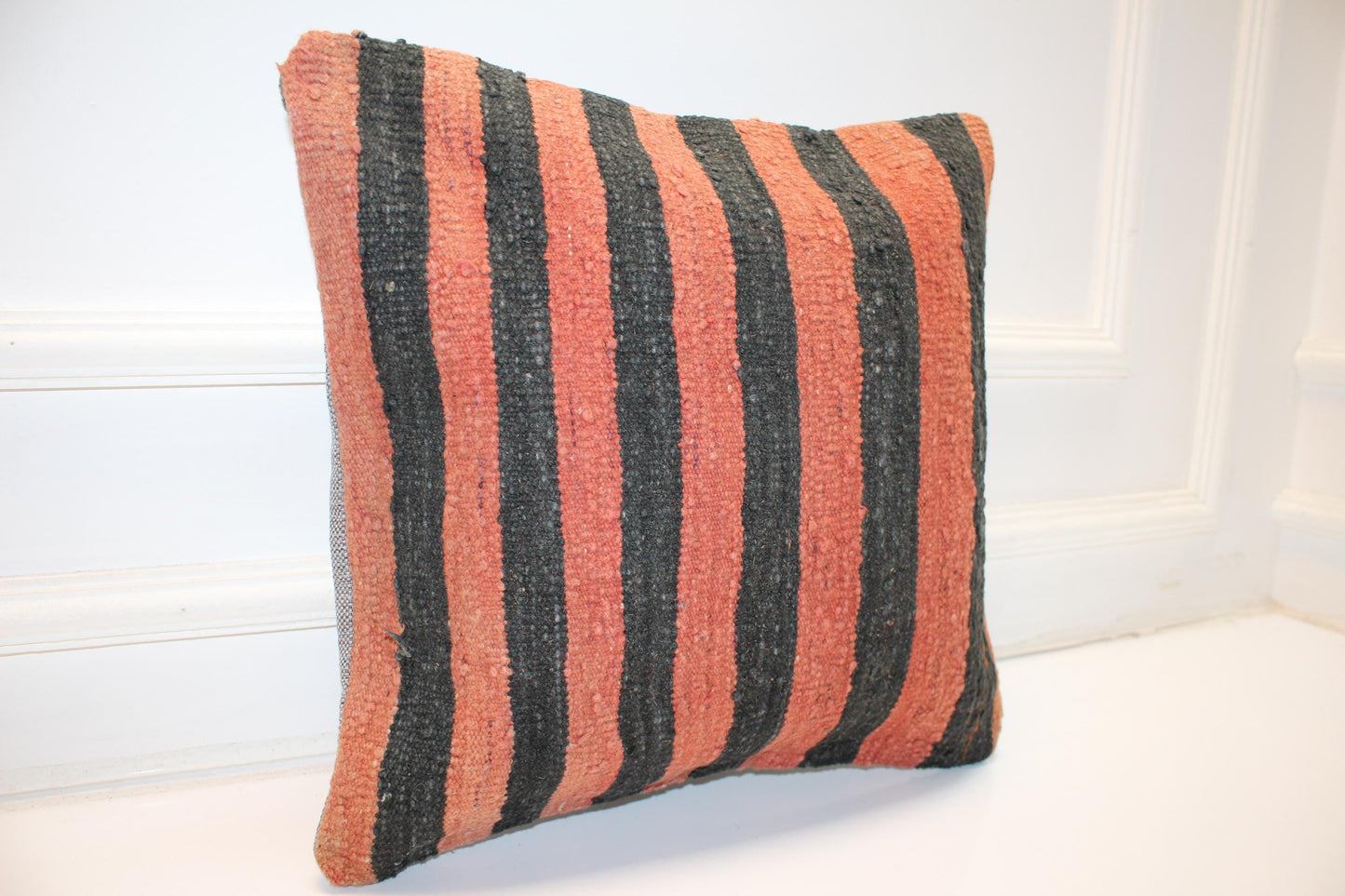 Vertical Stripe Boho Cushion, Bold Contrast Handwoven Accent Pillow, Rustic Modern Decor(16x16 in)