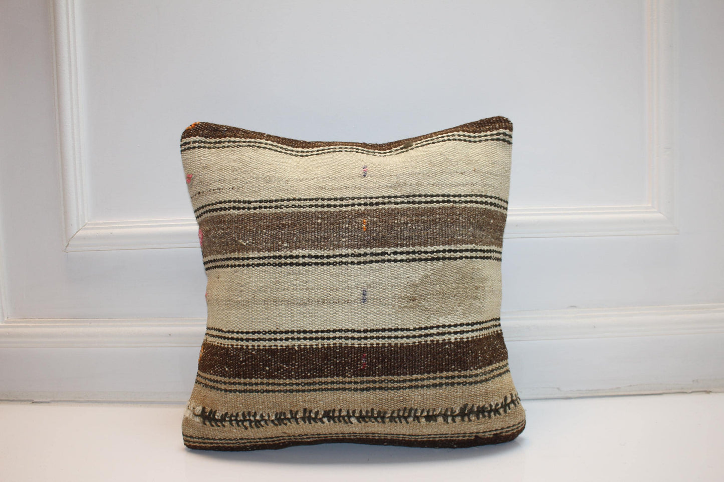 Neutral Horizontal Stripe Cushion, Handwoven Minimal Rustic Accent Pillow, Earthy Home Decor(16x16 in)