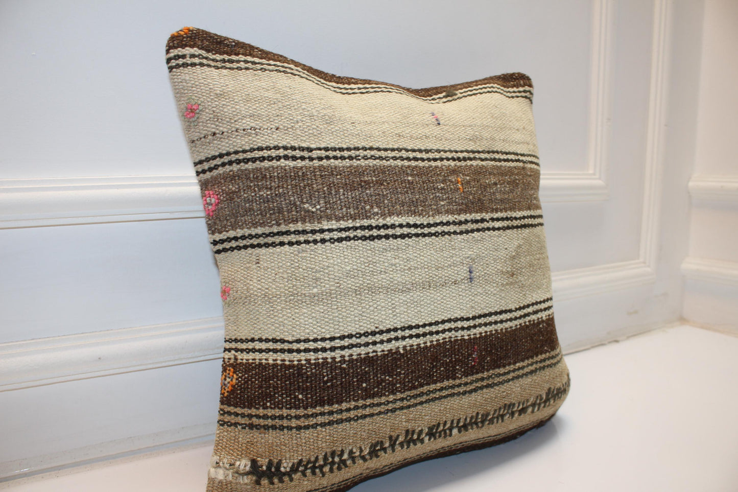 Neutral Horizontal Stripe Cushion, Handwoven Minimal Rustic Accent Pillow, Earthy Home Decor(16x16 in)