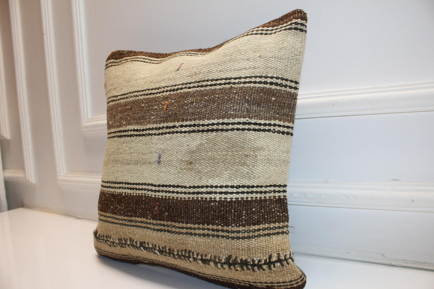 Neutral Horizontal Stripe Cushion, Handwoven Minimal Rustic Accent Pillow, Earthy Home Decor(16x16 in)