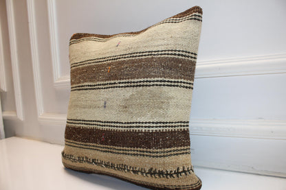 Neutral Horizontal Stripe Cushion, Handwoven Minimal Rustic Accent Pillow, Earthy Home Decor(16x16 in)