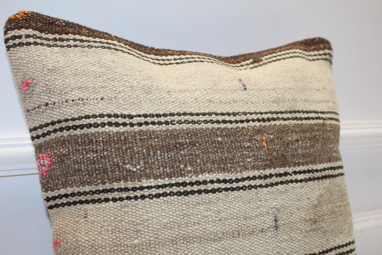 Neutral Horizontal Stripe Cushion, Handwoven Minimal Rustic Accent Pillow, Earthy Home Decor(16x16 in)