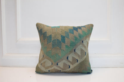 Green & Beige Turkish Rug Cushion, Geometric Anatolian Pattern, Boho Sofa, Bench Decor 20x20 inch