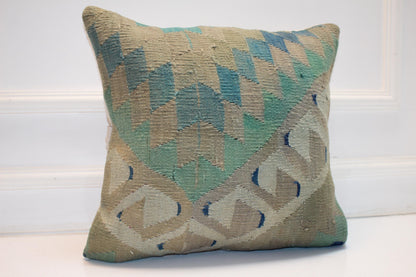 Green & Beige Turkish Rug Cushion, Geometric Anatolian Pattern, Boho Sofa, Bench Decor 20x20 inch