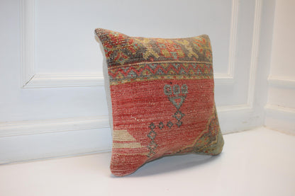 Tribal Symbols, Faded Red Anatolian Rug Cushion, Rustic Boho Ethnic Home Decor
