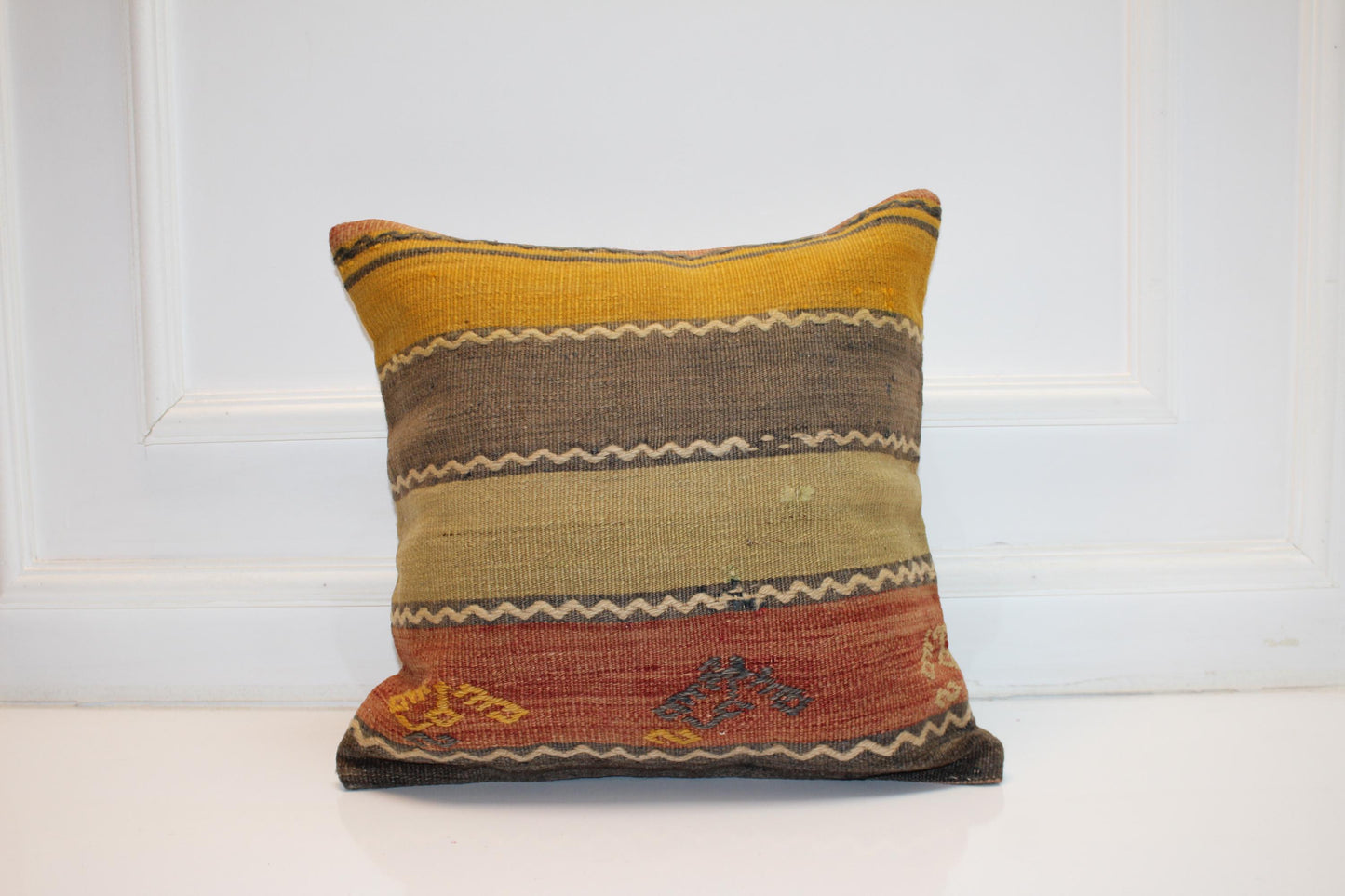 Striped Kilim Pillow Cover, Earth Tone Rug Cushion, Boho Decor