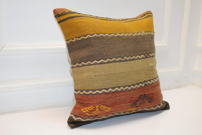 Striped Kilim Pillow Cover, Earth Tone Rug Cushion, Boho Decor