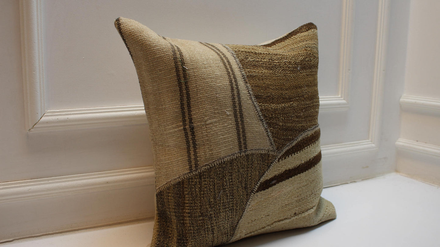 Vintage Turkish Kilim Pillow Cover, Neutral Patchwork Rug Cushion
