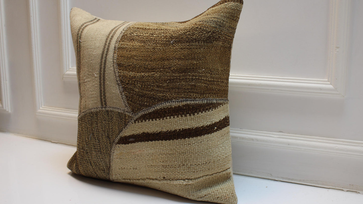 Vintage Turkish Kilim Pillow Cover, Neutral Patchwork Rug Cushion