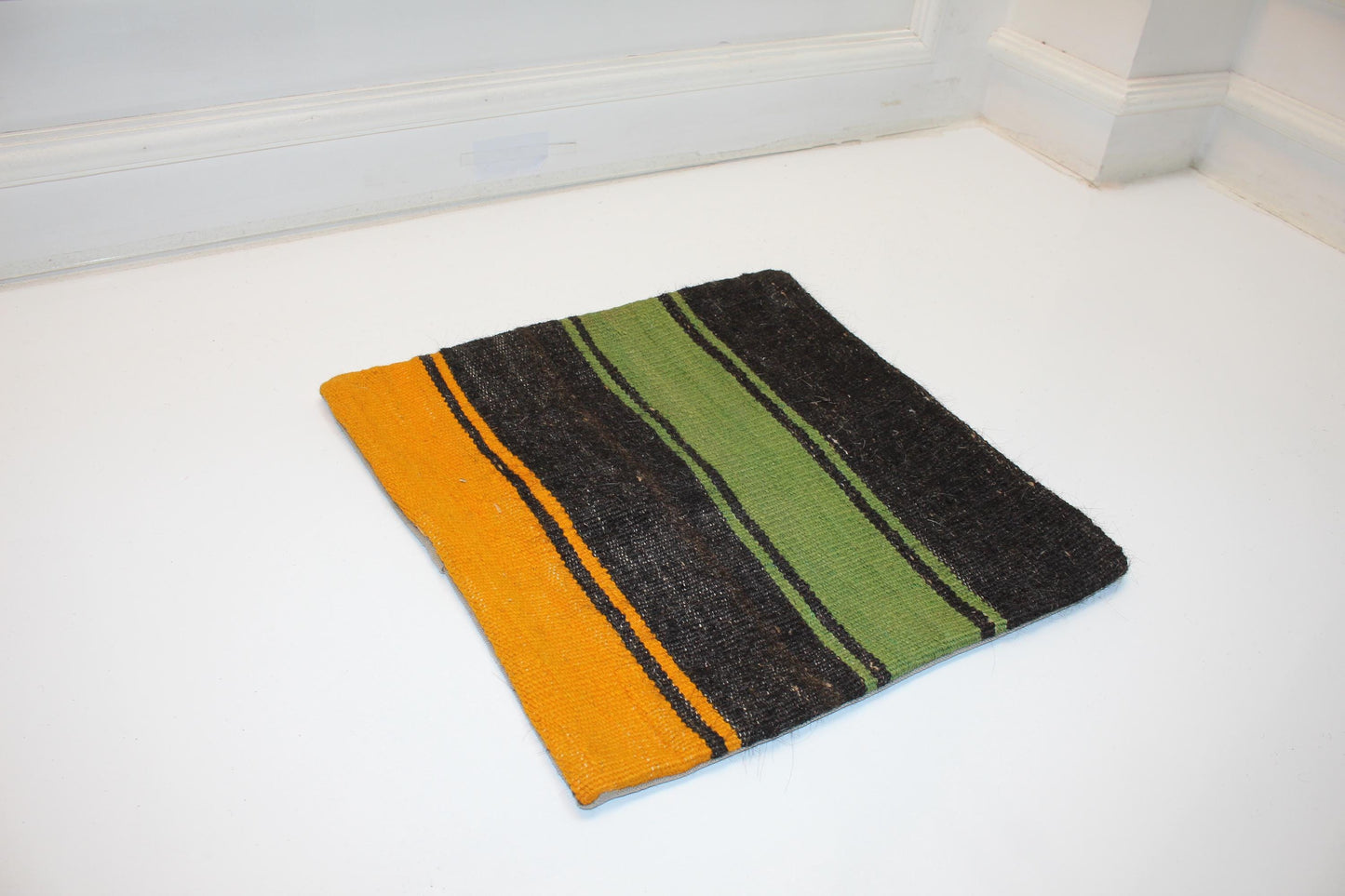 Vintage Turkish Kilim Pillow Cover, Striped Boho Rug Cushion, Earthy Minimal Anatolian Design Accent Pillow(16x16 in)