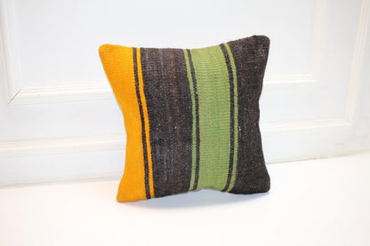 Vintage Turkish Kilim Pillow Cover, Striped Boho Rug Cushion, Earthy Minimal Anatolian Design Accent Pillow(16x16 in)