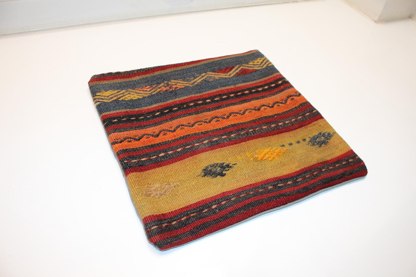 Vintage Turkish Kilim Pillow Cover, Striped Anatolian Rug Cushion, Rustic Boho Ethnic Pattern Accent Pillow (16x16 in)