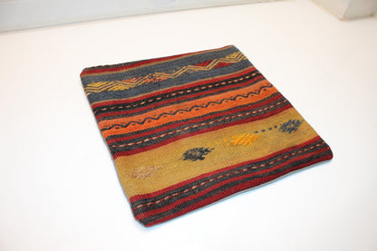Vintage Turkish Kilim Pillow Cover, Striped Anatolian Rug Cushion, Rustic Boho Ethnic Pattern Accent Pillow (16x16 in)