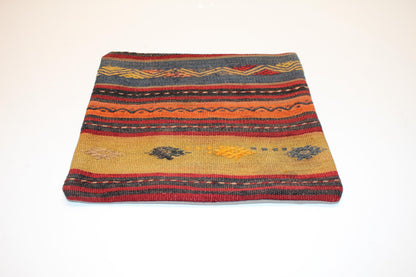 Vintage Turkish Kilim Pillow Cover, Striped Anatolian Rug Cushion, Rustic Boho Ethnic Pattern Accent Pillow (16x16 in)
