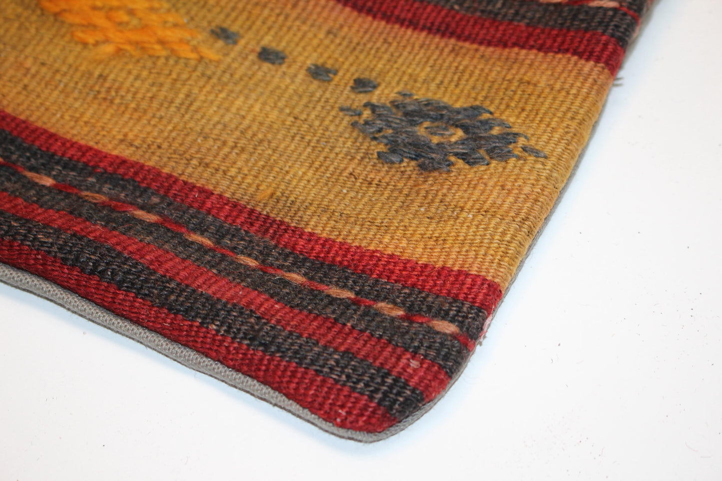 Vintage Turkish Kilim Pillow Cover, Striped Anatolian Rug Cushion, Rustic Boho Ethnic Pattern Accent Pillow (16x16 in)