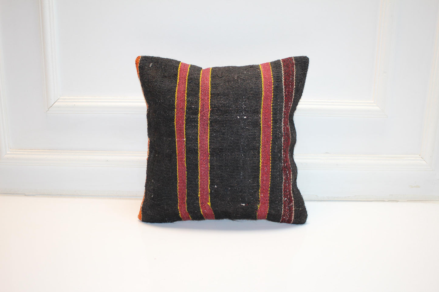 Vintage Turkish Kilim Pillow Cover, Black Striped Anatolian Rug Cushion, Rustic Boho Ethnic Accent Pillow(16x16 in)