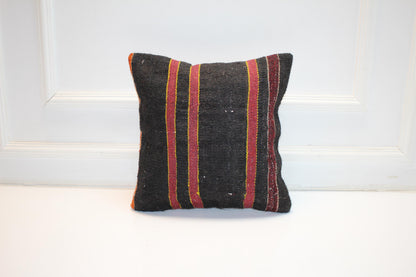 Vintage Turkish Kilim Pillow Cover, Black Striped Anatolian Rug Cushion, Rustic Boho Ethnic Accent Pillow(16x16 in)