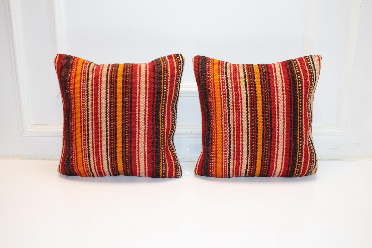 Set of 2 Vintage Turkish Kilim Pillow Covers, Red Striped Wool Cushions (16x16 in)