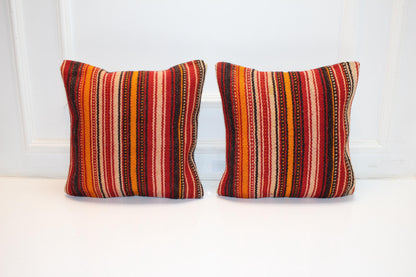 Set of 2 Vintage Turkish Kilim Pillow Covers, Red Striped Wool Cushions (16x16 in)