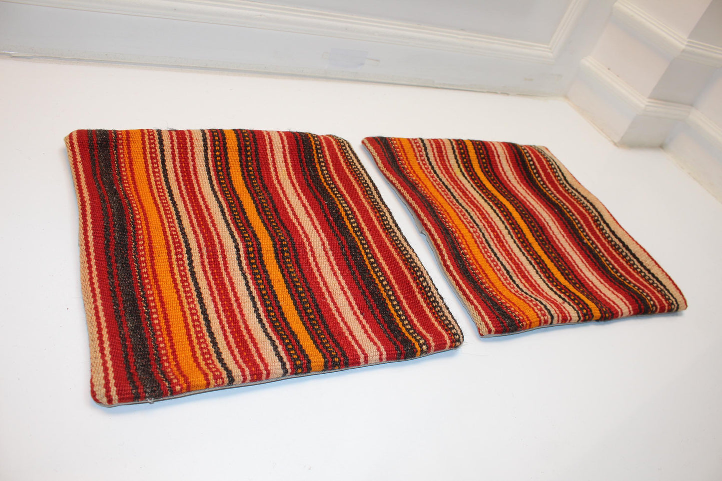 Set of 2 Vintage Turkish Kilim Pillow Covers, Red Striped Wool Cushions (16x16 in)