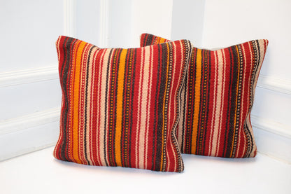 Set of 2 Vintage Turkish Kilim Pillow Covers, Red Striped Wool Cushions (16x16 in)