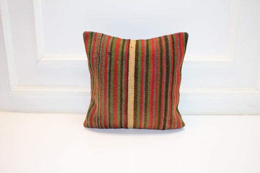 Vintage Turkish Kilim Pillow Cover With Colorful Striped Pattern, Boho Ethnic Cushion For Sofa Bench, Rustic Home Decor(16x16 in)
