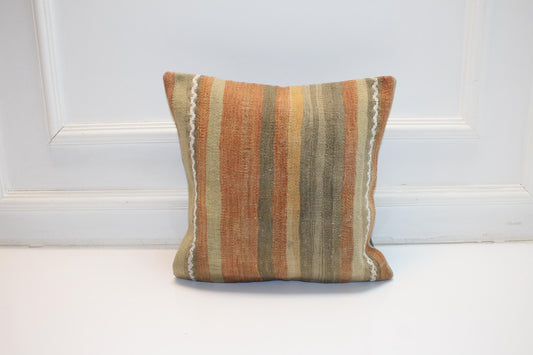 Vintage Turkish Kilim Pillow Cover With Soft Striped Pattern, Neutral Earth Tone Boho Cushion For Sofa Bench Rustic Decor(16x16 in)