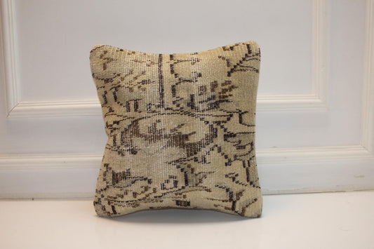 Vintage Turkish Kilim Pillow Cover Neutral Beige Brown Tones, Handmade Anatolian Rug Cushion, Rustic Boho Home Decor Accent(16x16 in)