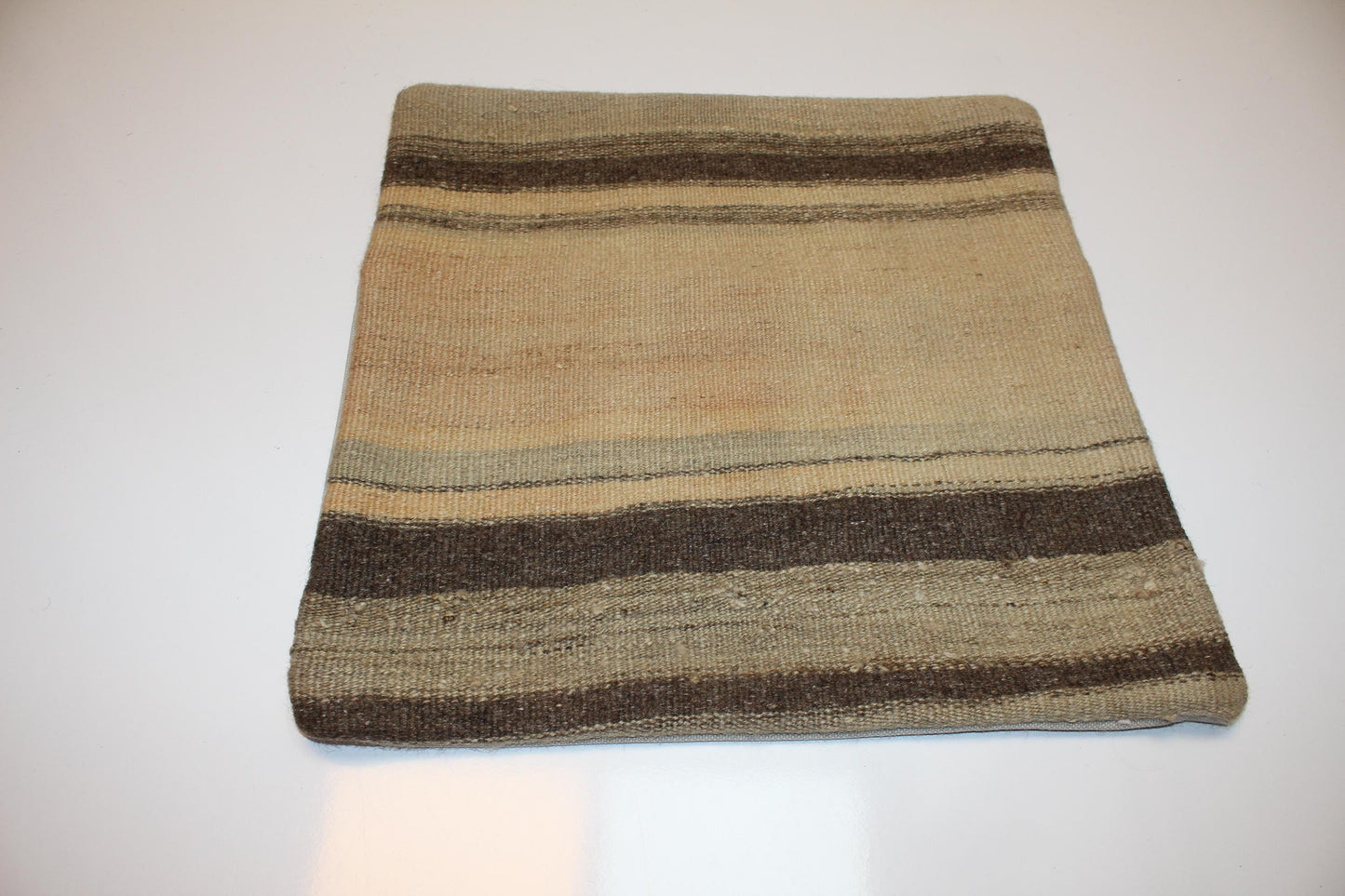 Vintage Turkish Kilim Pillow Cover in Beige and Brown Tones, Neutral Anatolian Rug Cushion with Earthy Stripes (16x16 in)